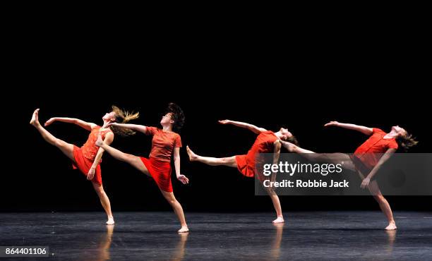 Artists of the company in Lyon Ballet's production of Maguy Marin's Trois Grandes Fugues at Sadler's Wells Theatre on October 19, 2017 in London,...