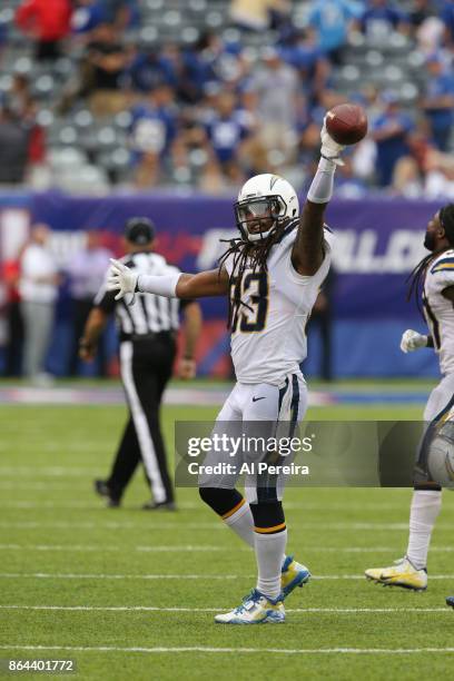 Safety Tre Boston of the Los Angeles Chargers has an interception in action against the New York Giants during an NFL game at MetLife Stadium on...