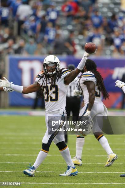 Safety Tre Boston of the Los Angeles Chargers has an interception in action against the New York Giants during an NFL game at MetLife Stadium on...