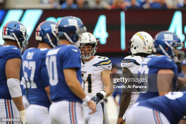 Outside Linebacker Kyle Emanuel of the Los Angeles Chargers in action against the New York Giants during an NFL game at MetLife Stadium on October 8,...
