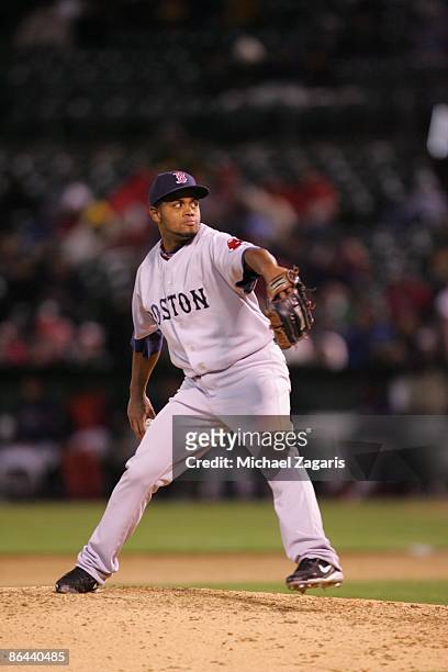 Ramon Ramirez of the Boston Red Sox pitches during the game against the Oakland Athletics at the Oakland Coliseum on April 14, 2009 in Oakland,...