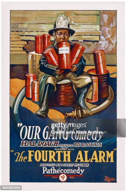 One sheet movie poster advertises 'The Fourth Alarm' , Hal Roach's Our Gang comedy with fireman Allen 'Farina' Hoskins and the Little Rascals, 1926.