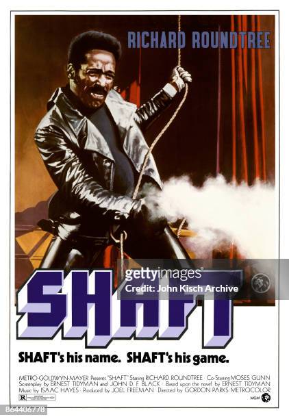 One Sheet movie poster advertises 'Shaft' , the crime drama directed by Gordon Parks Sr and starring Richard Roundtree, Moses Gunn, Antonio Fargas,...