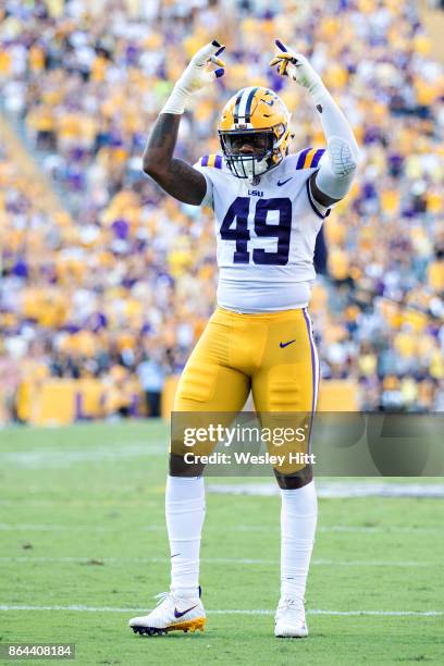 Arden Key of the LSU Tigers gets the crowd cheering during a game against the Auburn Tigers at Tiger Stadium on October 14, 2017 in Baton Rouge,...