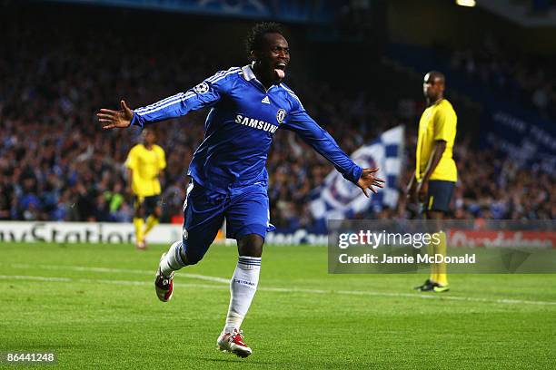 Michael Essien of Chelsea celebrates scoring the first goal of the game during the UEFA Champions League Semi Final Second Leg match between Chelsea...