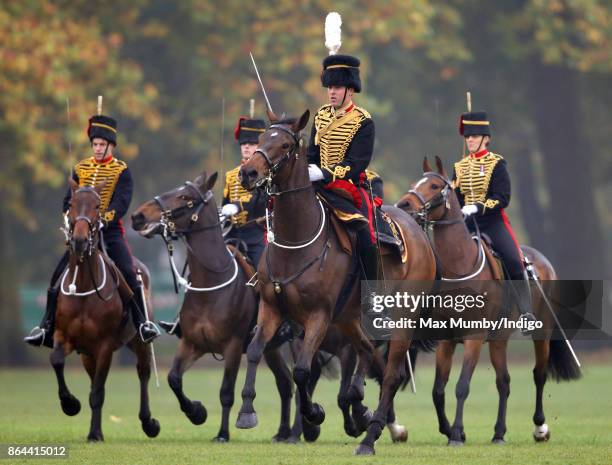 Soldiers of The King's Troop Royal Horse Artillery take part in their 70th anniversary parade in Hyde Park on October 19, 2017 in London, England....