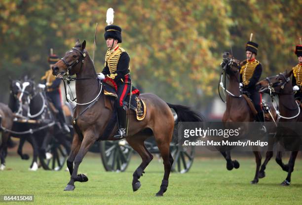 Soldiers of The King's Troop Royal Horse Artillery take part in their 70th anniversary parade in Hyde Park on October 19, 2017 in London, England....