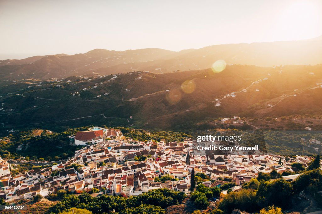 Aerial view over Frigiliana hill town at sunset