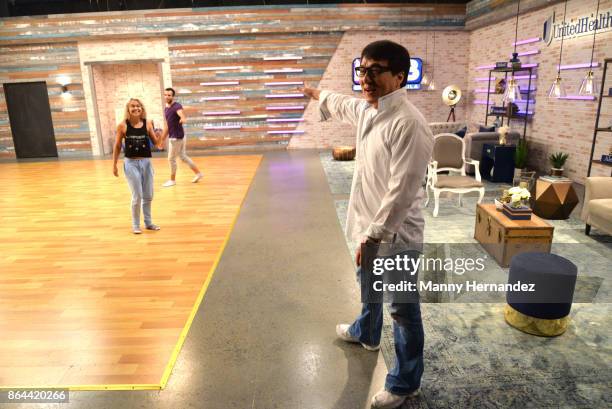 Danell Leyva and Jackie Chan attend Mira Quien Baila Week 5 rehearsals at Univision Studios on October 15, 2017 in Miami, Florida.