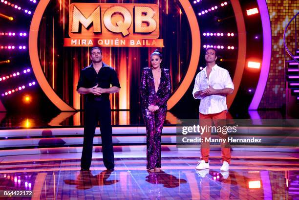 Pablo Montero, Dayanara Torres, Alejandro Nones attend Mira Quien Baila Week 5 at Univision Studios on October 15, 2017 in Miami, Florida.