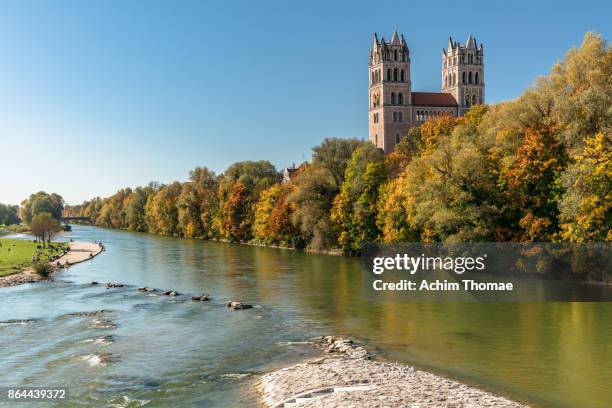 st. maximilian church and river isar, munich, bavaria, germany, europe - río isar fotografías e imágenes de stock