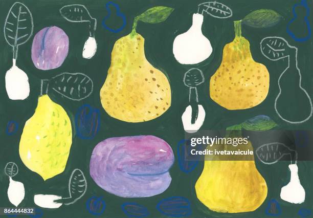 painting of pears and plums knolling - fruit flat lay stock illustrations