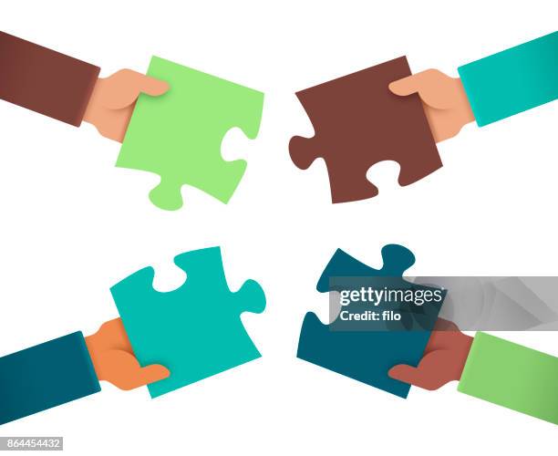 ilustraciones, imágenes clip art, dibujos animados e iconos de stock de trabajo de rompecabezas juntos de manos - puzzel