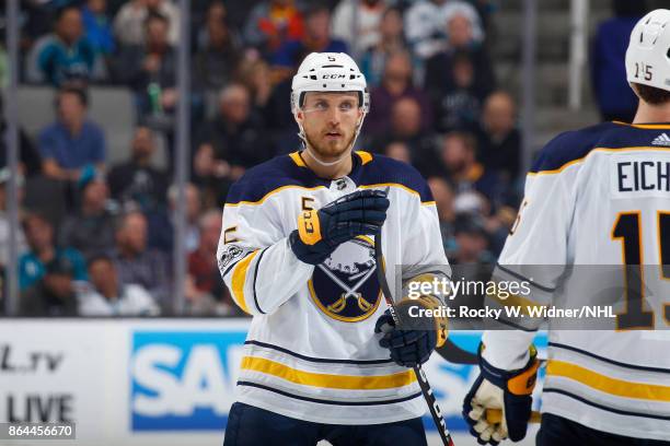 Matt Tennyson of the Buffalo Sabres looks during a NHL game against the San Jose Sharks at SAP Center on October 12, 2017 in San Jose, California.