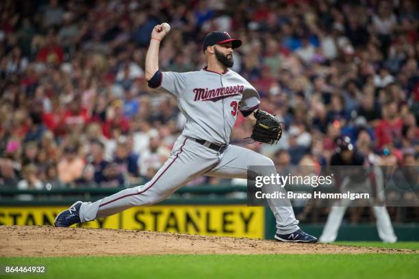 Dillon Gee of the Minnesota Twins pitches against the Cleveland Indians on September 26, 2017 at Progressive Field in Cleveland, Ohio. The Twins...