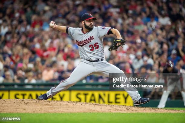 Dillon Gee of the Minnesota Twins pitches against the Cleveland Indians on September 26, 2017 at Progressive Field in Cleveland, Ohio. The Twins...