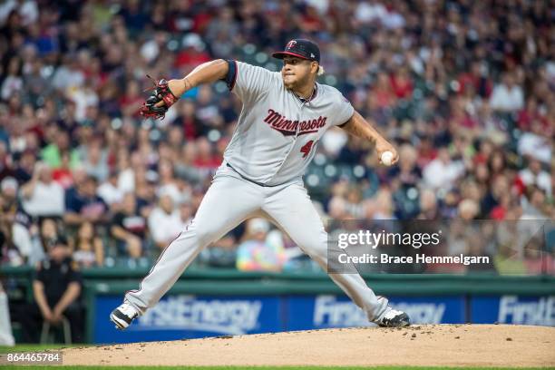 Adalberto Mejia of the Minnesota Twins pitches against the Cleveland Indians on September 27, 2017 at Progressive Field in Cleveland, Ohio. The...