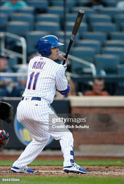 Norichika Aoki of the New York Mets grounds out to third in the sixth inning of the first game of a double header against the Atlanta Braves at Citi...