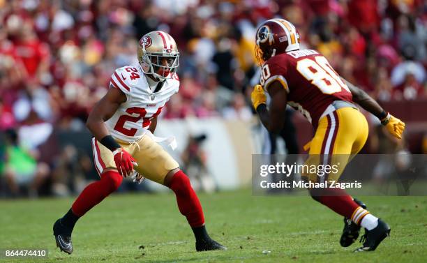 Waun Williams of the San Francisco 49ers defends during the game against the Washington Redskins at FedEx Field on October 15, 2017 in Landover,...