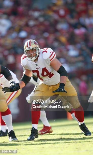 Joe Staley of the San Francisco 49ers blocks during the game against the Washington Redskins at FedEx Field on October 15, 2017 in Landover,...