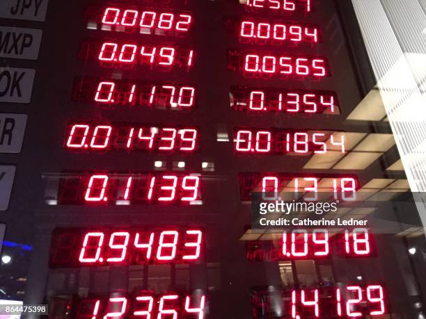currency exchange rates in window - bureau de change stock pictures, royalty-free photos & images
