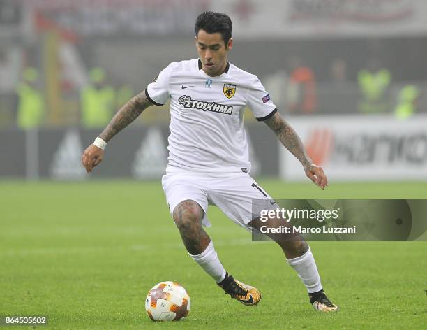 Sergio Araujo of AEK Athens in action during the UEFA Europa League group D match between AC Milan and AEK Athens at Stadio Giuseppe Meazza on...