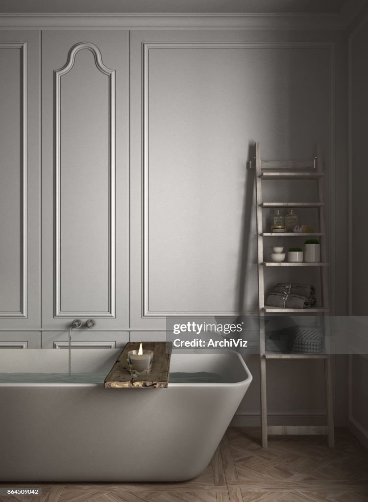 Minimalistiska badrum närbild, vit skandinavisk inredningsdesign, klassisk arkitektur, nattscen