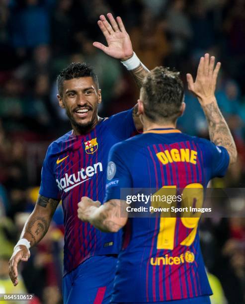 Jose Paulo Bezerra Maciel Junior, Paulinho, of FC Barcelona celebrates with Lucas Digne during the UEFA Champions League 2017-18 match between FC...