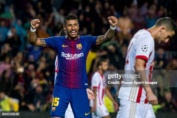 Jose Paulo Bezerra Maciel Junior, Paulinho, of FC Barcelona celebrates during the UEFA Champions League 2017-18 match between FC Barcelona and...