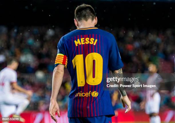 Lionel Andres Messi of FC Barcelona reacts during the UEFA Champions League 2017-18 match between FC Barcelona and Olympiacos FC at Camp Nou on 18...