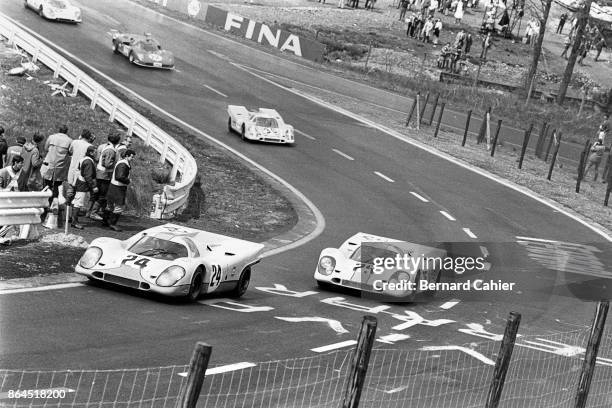 Jo Siffert, Pedro Rodriguez, Porsche 917K, 1000 Km of Spa, Spa-Francorchamps, 17 May 1970. Jo Siffert leads Porsche teammate Pedro Rodriguez at the...