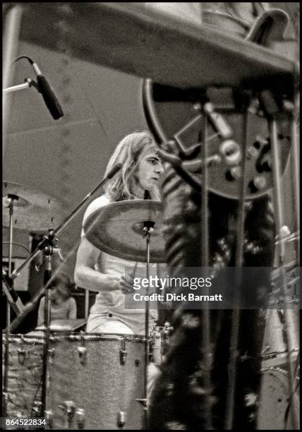 Bill Bruford of Yes performs on stage at Crystal Palace Garden Party, London, 2nd September 1972.
