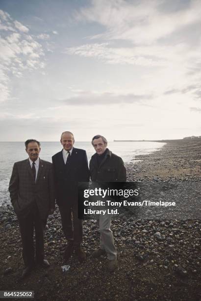 Three 'Dieppe Raid' veterans, on Puys beach, Dieppe, France, 1972.