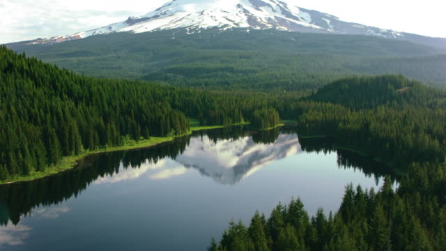 Aerial shot of a lake in the forest reflecting Mount Hood on the calm surface. Shot in Oregon, USA.