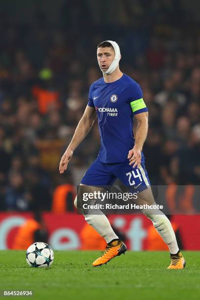 Gary Cahill of Chelsea during the UEFA Champions League group C match between Chelsea FC and AS Roma at Stamford Bridge on October 18, 2017 in...