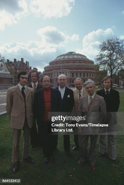 Group of Proms musicians, including French composer Pierre Boulez , outside the Royal Albert Hall, 1975.