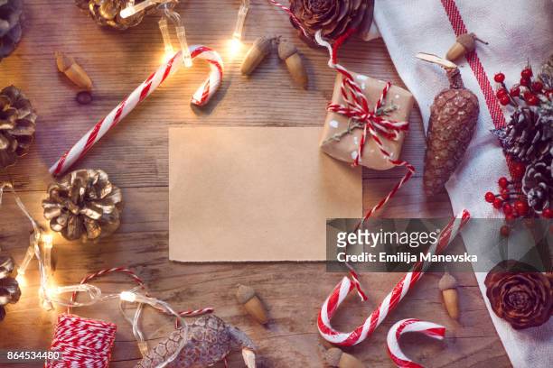 christmas blank letter with christmas decoration on wooden background - christmas list stock pictures, royalty-free photos & images