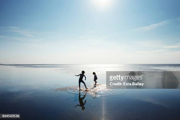 children playing in the wet sand at low tide. - choicepix stock pictures, royalty-free photos & images
