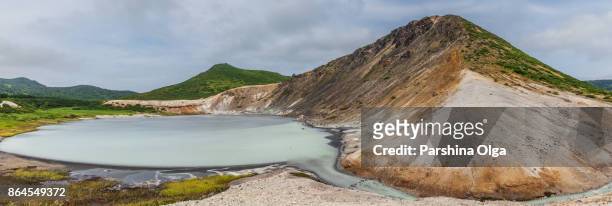 the lake in the caldera of golovnin volcano, kunashir island, russia - summits russia 2015 stock pictures, royalty-free photos & images