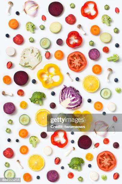 flat lay assorted vegan food slice on white background. - ingredient imagens e fotografias de stock