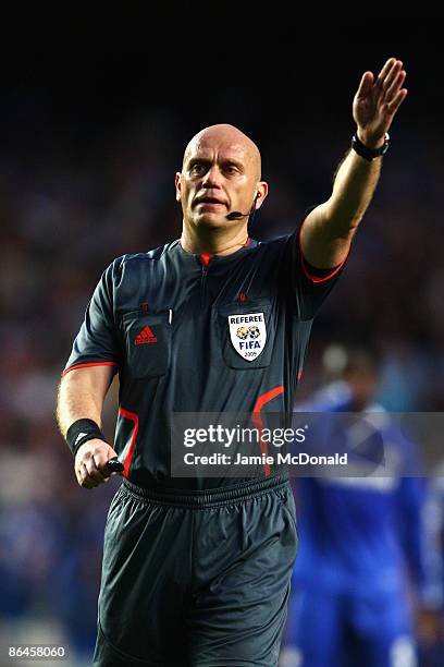 Referee Tom Henning Ovrebo makes a decision during the UEFA Champions League Semi Final Second Leg match between Chelsea and Barcelona at Stamford...