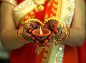 Indian woman holding Diwali oil lamp