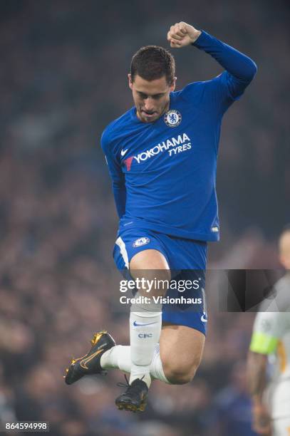 Eden Hazard of Chelsea celebrates scoring his second goal during the UEFA Champions League Group C match between Chelsea FC and AS Roma at Stamford...