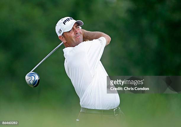 Patrick Sheehan tees off on during the second round of the Cox Classic Presented by Chevrolet held at Champions Run on July 27, 2007 in Omaha,...
