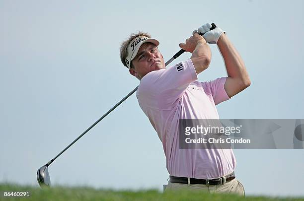 Nicolas Thompson tees off on during the third round of the Cox Classic Presented by Chevrolet held at Champions Run in Omaha, Nebraska, on July 28,...