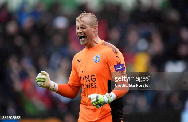 Kasper Schmeichel of Leicester City celebrates after Leicester City scored there first goal during the Premier League match between Swansea City and...