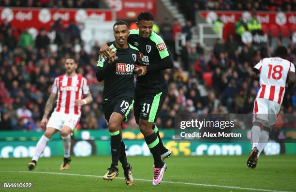 Junior Stanislas of AFC Bournemouth celebrates scoring the 2nd Bournemouth goal with Lys Mousset of AFC Bournemouth during the Premier League match...