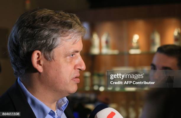 Social Democrat Jiri Dienstbier speaks in Lidovy Dum, residence of Czech Social Democratic Party on election results, on October 21, 2017. The party...