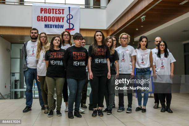 Doctors during the hunger strike are seen in Gdansk, Poland on 21 October 2017 Dozen resident doctors in Gdansk joined to growing around the Poland...