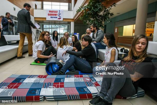 Doctors during the hunger strike are seen in Gdansk, Poland on 21 October 2017 Dozen resident doctors in Gdansk joined to growing around the Poland...